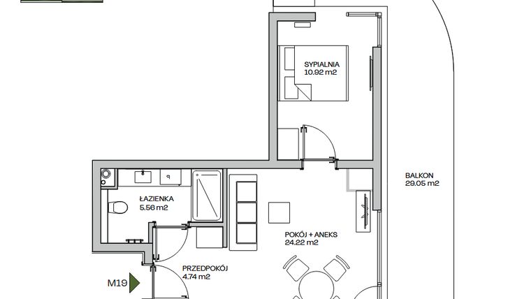 Rzut - Mieszkanie na sprzedaż 2 pokoje o powierzchni 45,44 m² - numer M19 w Zielona Marina - Apartamenty inwestycyjne
