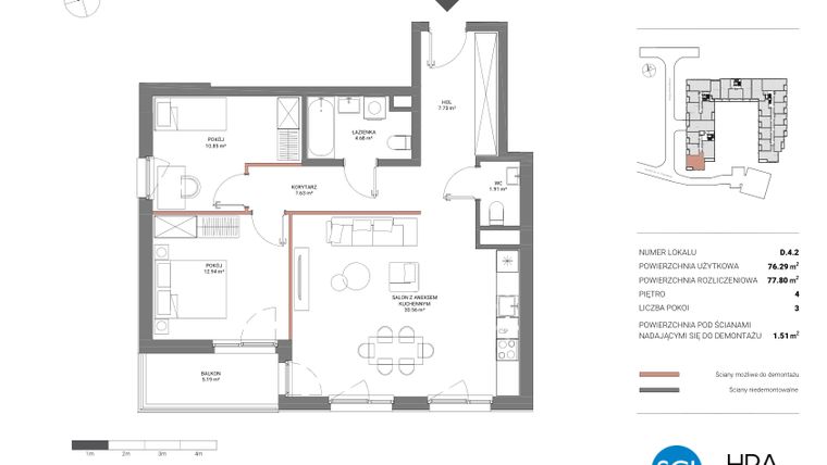 Rzut - Mieszkanie na sprzedaż 3 pokoje o powierzchni 77,8 m² - numer D.4.2 w Łopuszańska 47 - etap 2