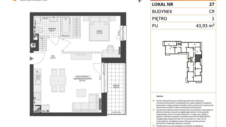 Rzut - Mieszkanie na sprzedaż 2 pokoje o powierzchni 43,93 m² - numer C9.27 w Konstelacja etap V