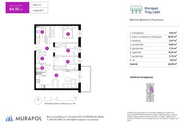 Rzut - Mieszkanie na sprzedaż 2 pokoje o powierzchni 64,29 m² - numer 3.A.2.10 w Murapol Trzy Lipki etap II