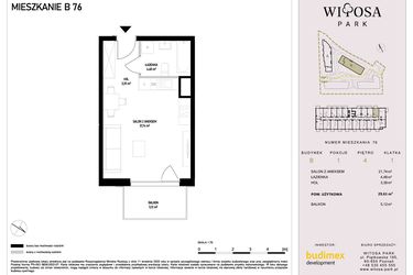 Rzut - Mieszkanie na sprzedaż 1 pokój o powierzchni 29,61 m² - numer B76 w Witosa Park