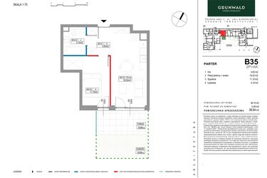 Rzut - Mieszkanie na sprzedaż 2 pokoje o powierzchni 38,64 m² - numer B035 w Grunwald Między Drzewami etap II