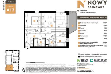 Rzut - Mieszkanie na sprzedaż 3 pokoje o powierzchni 61,58 m² - numer A13 w Nowy Sosnowiec