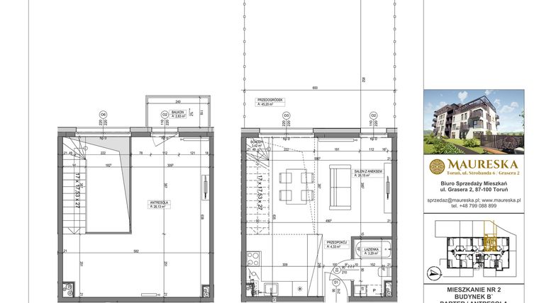 Rzut - Mieszkanie na sprzedaż 1 pokój o powierzchni 63,32 m² - numer B’.2 w Osiedle Maureska etap 2