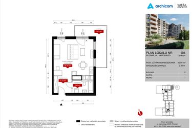 Rzut - Mieszkanie na sprzedaż 1 pokój o powierzchni 42,08 m² - numer K.104 w Wieża Jeżyce etap V