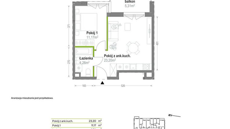 Rzut - Mieszkanie na sprzedaż 2 pokoje o powierzchni 38,63 m² - numer B.A.1.08 w Głębocka Vita