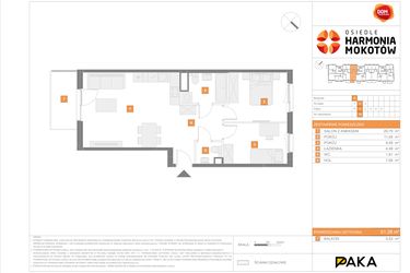 Rzut - Mieszkanie na sprzedaż 3 pokoje o powierzchni 61,38 m² - numer G.19 w Osiedle Harmonia Mokotów etap 2