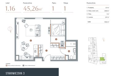 Rzut - Mieszkanie na sprzedaż 1 pokój o powierzchni 45,26 m² - numer 1.16 w Starowiejska 3