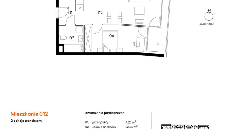 Rzut - Mieszkanie na sprzedaż 2 pokoje o powierzchni 45,71 m² - numer A.A012 w Miasto Polskich Mistrzów Olimpijskich II