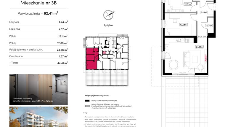 Rzut - Mieszkanie na sprzedaż 3 pokoje o powierzchni 62,43 m² - numer B9.M3B w Novum Rumia