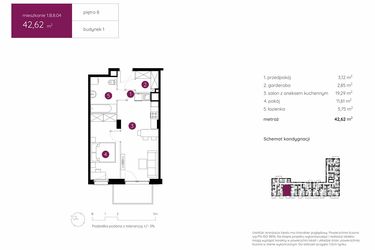 Rzut - Mieszkanie na sprzedaż 2 pokoje o powierzchni 42,62 m² - numer 1.B.8.04 w Murapol Urcity
