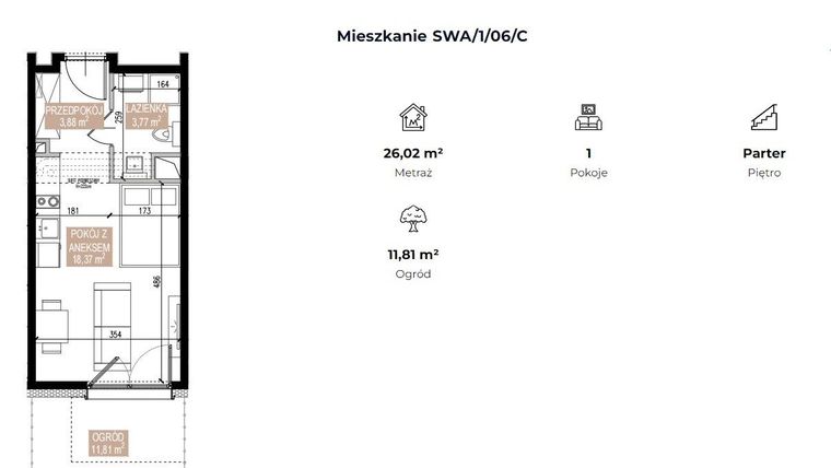 Rzut - Mieszkanie na sprzedaż 1 pokój o powierzchni 25,99 m² - numer SWA/1/06/C w Apartamenty Świeradowska