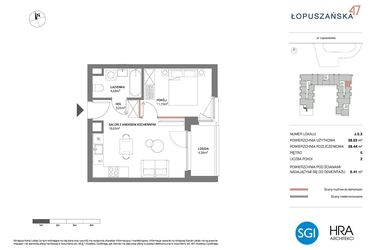 Rzut - Mieszkanie na sprzedaż 2 pokoje o powierzchni 38,44 m² - numer J.5.3 w Łopuszańska 47 - etap 3