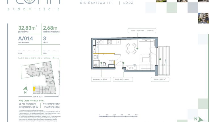 Rzut - Mieszkanie na sprzedaż 1 pokój o powierzchni 32,83 m² - numer A.14 w Flora Śródmieście