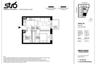 Rzut - Mieszkanie na sprzedaż 2 pokoje o powierzchni 35,31 m² - numer 3.8 w Nowa Strycharska | STR 6