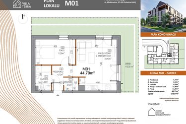 Rzut - Mieszkanie na sprzedaż 2 pokoje o powierzchni 44,79 m² - numer M01 w Villa Terra
