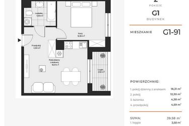 Rzut - Mieszkanie na sprzedaż 2 pokoje o powierzchni 39,58 m² - numer G1-91 w Piasta Park VI