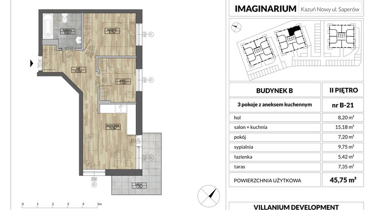 Rzut - Mieszkanie na sprzedaż 3 pokoje o powierzchni 45,75 m² - numer 21 w Imaginarium Kazuń Nowy - bud. B