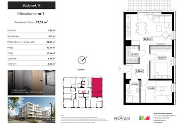 Rzut - Mieszkanie na sprzedaż 3 pokoje o powierzchni 57,09 m² - numer B17.M1 w Novum Rumia - bud. 17
