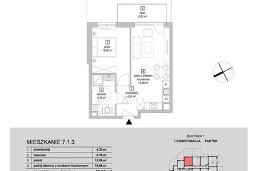 Rzut - Mieszkanie na sprzedaż 2 pokoje o powierzchni 42,84 m² - numer 7.1.3 w Osiedle Przyjemne IV