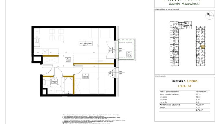 Rzut - Mieszkanie na sprzedaż 2 pokoje o powierzchni 43,66 m² - numer 81 w Aura Nova etap II