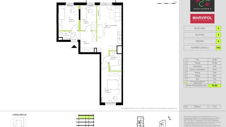 Rzut - Mieszkanie na sprzedaż 4 pokoje o powierzchni 70,96 m² - numer A092 w In Place 1