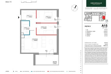 Rzut - Mieszkanie na sprzedaż 3 pokoje o powierzchni 59,01 m² - numer A015 w Grunwald Między Drzewami etap II