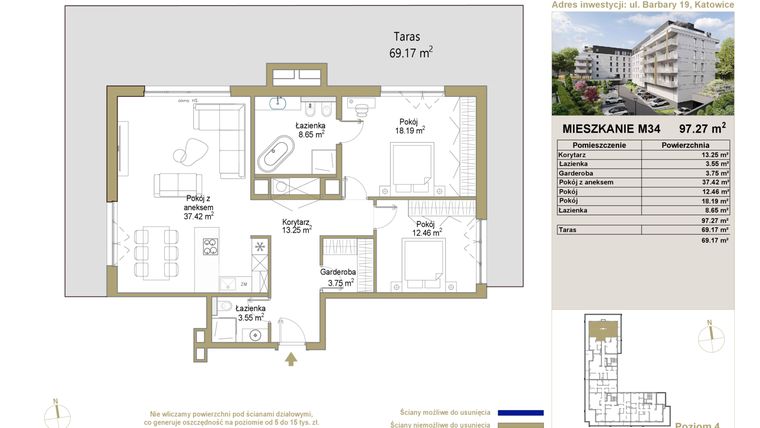 Rzut - Mieszkanie na sprzedaż 3 pokoje o powierzchni 97,27 m² - numer 34 w Barbary 19