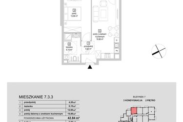 Rzut - Mieszkanie na sprzedaż 2 pokoje o powierzchni 42,84 m² - numer 7.3.3 w Osiedle Przyjemne IV