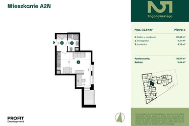 Rzut - Mieszkanie na sprzedaż 1 pokój o powierzchni 30,87 m² - numer POGO2/A/2N w Pogonowskiego 52