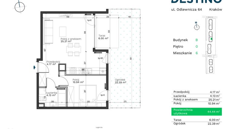 Rzut - Mieszkanie na sprzedaż 2 pokoje o powierzchni 44,44 m² - numer B-6 w Destino