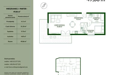 Rzut - Mieszkanie na sprzedaż 2 pokoje o powierzchni 49,86 m² - numer 2 w Bukowa etap II