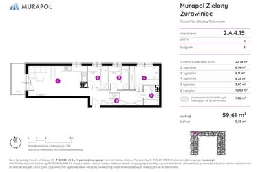 Rzut - Mieszkanie na sprzedaż 4 pokoje o powierzchni 59,5 m² - numer 2.A.4.15 w Murapol Zielony Żurawiniec