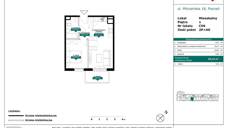 Rzut - Mieszkanie na sprzedaż 2 pokoje o powierzchni 39,13 m² - numer C56 w Milczańska 18