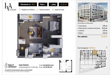 Rzut - Mieszkanie na sprzedaż 1 pokój o powierzchni 51,45 m² - numer M2.3 w La Vie Art