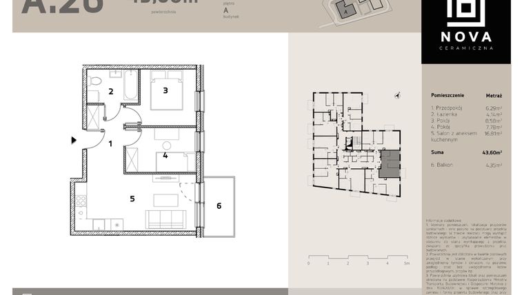 Rzut - Mieszkanie na sprzedaż 3 pokoje o powierzchni 43,6 m² - numer A26 w Nova Ceramiczna