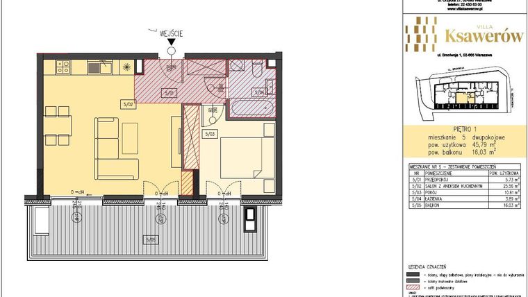 Rzut - Mieszkanie na sprzedaż 2 pokoje o powierzchni 45,62 m² - numer M5 w Villa Ksawerów