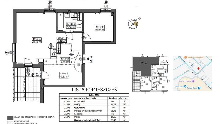 Rzut - Mieszkanie na sprzedaż 4 pokoje o powierzchni 61,78 m² - numer M14 w Jeziorna 1