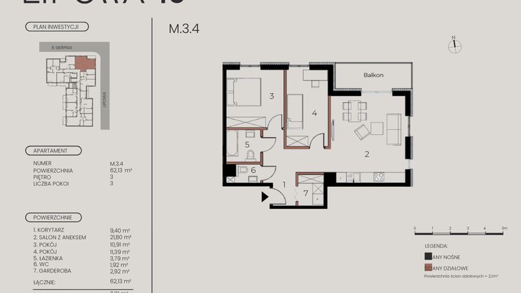 Rzut - Mieszkanie na sprzedaż 3 pokoje o powierzchni 62,13 m² - numer M.3.4 w Lipowa 43