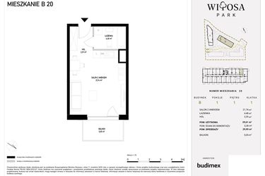 Rzut - Mieszkanie na sprzedaż 1 pokój o powierzchni 29,99 m² - numer B1.20 w Witosa Park