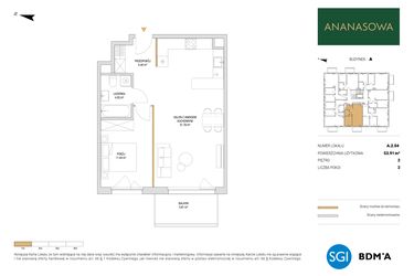 Rzut - Mieszkanie na sprzedaż 2 pokoje o powierzchni 53,91 m² - numer A.2.04 w Ananasowa