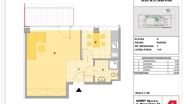 Rzut - Mieszkanie na sprzedaż 1 pokój o powierzchni 39,76 m² - numer 3 w Stalowa 65