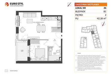 Rzut - Mieszkanie na sprzedaż 2 pokoje o powierzchni 42,38 m² - numer B1.26 w Zajezdnia Motława