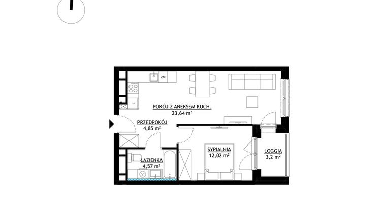 Rzut - Mieszkanie na sprzedaż 2 pokoje o powierzchni 45,02 m² - numer A27 w FUTURO