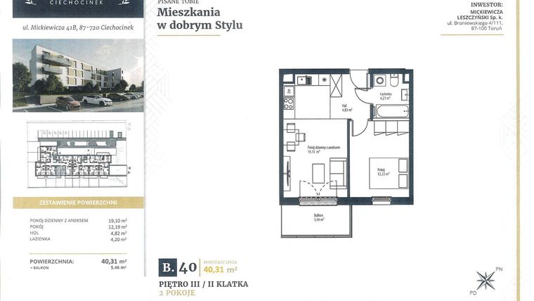 Rzut - Mieszkanie na sprzedaż 2 pokoje o powierzchni 40,31 m² - numer B40 w Mickiewicza