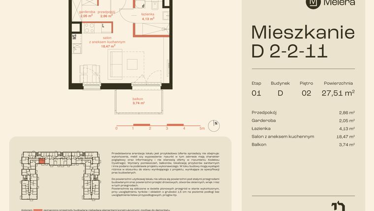 Rzut - Mieszkanie na sprzedaż 1 pokój o powierzchni 27,51 m² - numer D2-2-11 w Osiedle Meiera
