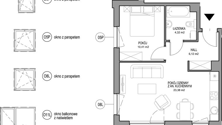 Rzut - Mieszkanie na sprzedaż 2 pokoje o powierzchni 44,23 m² - numer II.B.1.4.3 w Optima