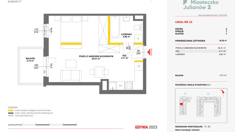 Rzut - Mieszkanie na sprzedaż 1 pokój o powierzchni 36,28 m² - numer 23 w Miasteczko Julianów etap 2
