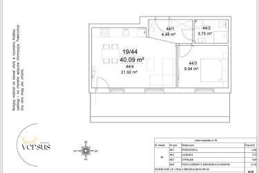 Rzut - Mieszkanie na sprzedaż 2 pokoje o powierzchni 40,09 m² - numer 19/44 w Osiedle Versus etap II