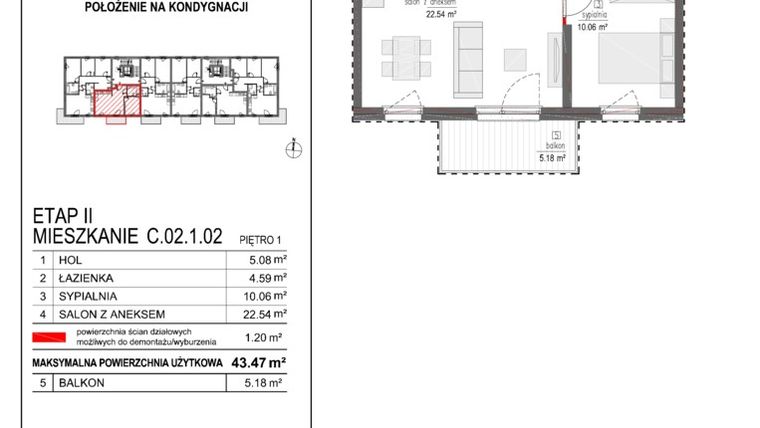 Rzut - Mieszkanie na sprzedaż 2 pokoje o powierzchni 43,47 m² - numer C.02.1.02 w Apartamenty Ostródzka II